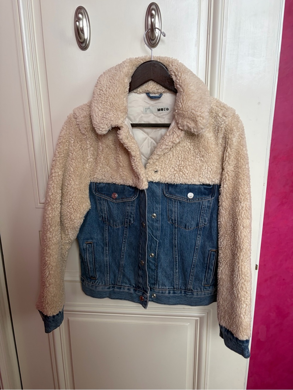 Topshop Beige Faux Shearling and Blue Denim Jacket
